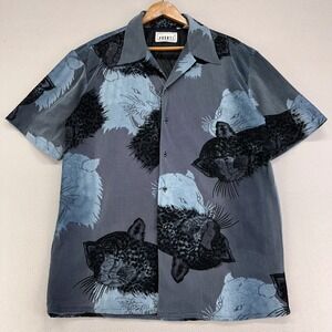VTG PRONTI Sheer Shirt Mens Large Jaguar Big Cats Velvet All Over Print‎ Y2K